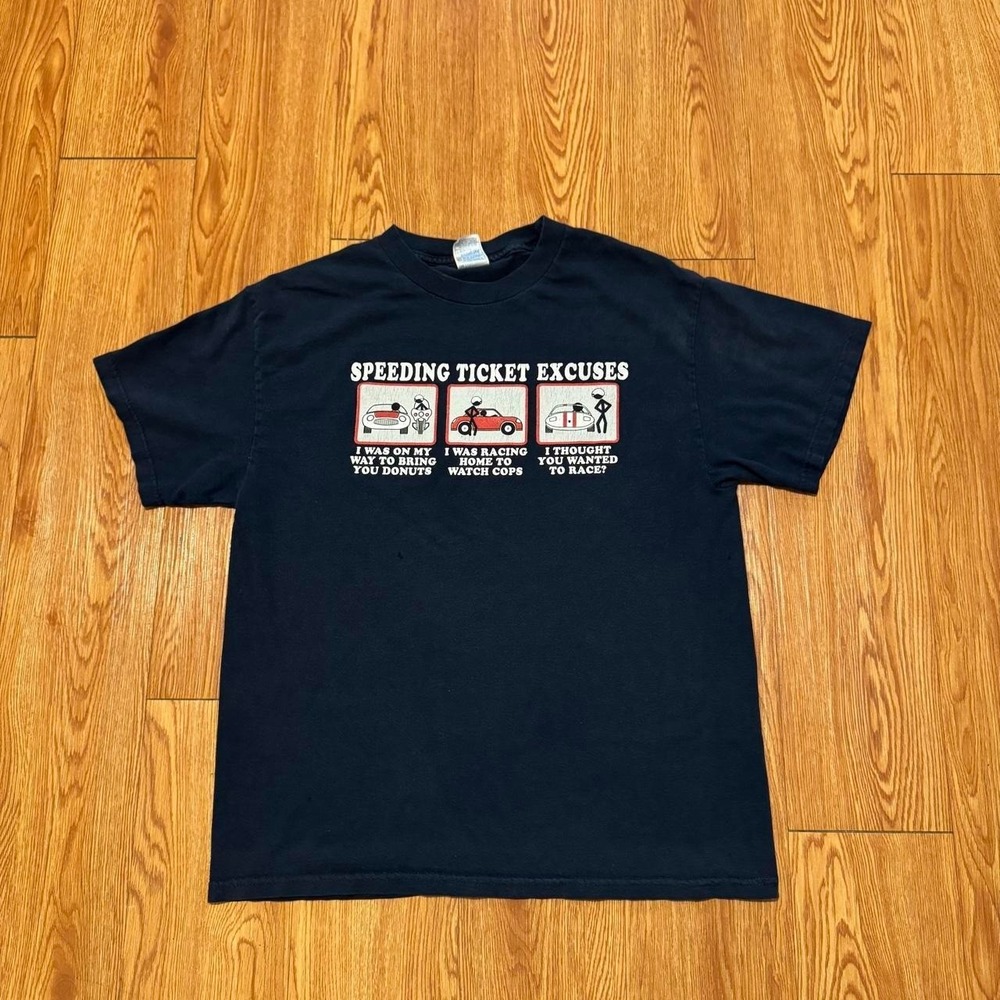 Speeding Ticket Excuses Comedy Men's Shirt Y2K Cops Navy Size Large - Picture 2 of 8